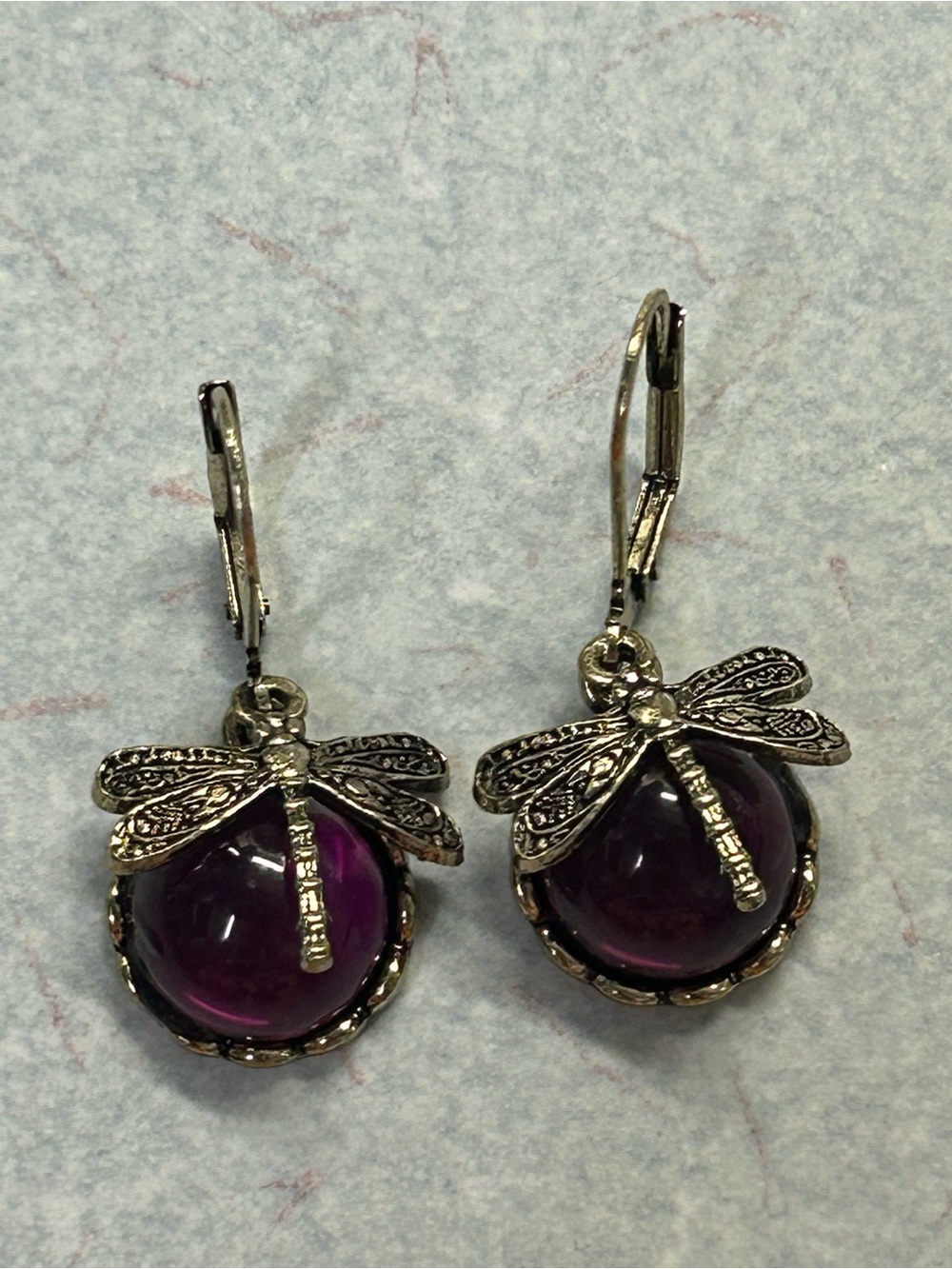 Antique Gold Tone Dragonfly Drop Earrings with Purple Cabochon